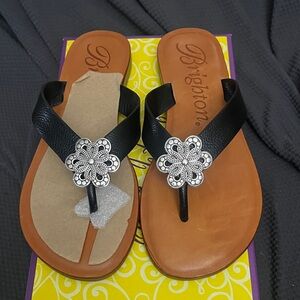 Brighton Black Sandals with Floral Silver Embellishments